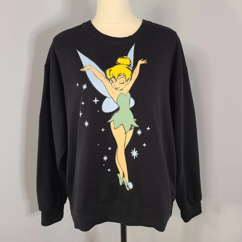 Disney Tinkerbell Peter Pan Black Crew Neck Long Sleeve Cozy Sweatshirt Woman XL - Picture 1 of 7